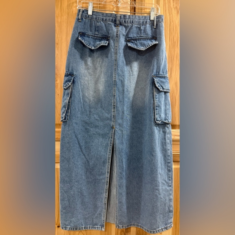 Forever 21 Y2K Classic Blue Denim Capsule Wardrobe Maxi Cargo Back Slit Skirt - Picture 5 of 12